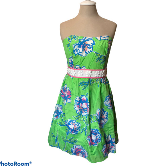 Lilly Pulitzer Green Strapless Floral Print Silk Blend Dress Women's Size 6 NWT - Picture 2 of 10